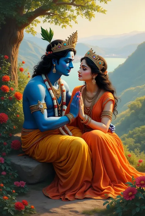 Create a 8k realistic ultra hd photo of A painting of Lord Krishna is being made using different colours and Radha Maiya is also sitting beside him in it.