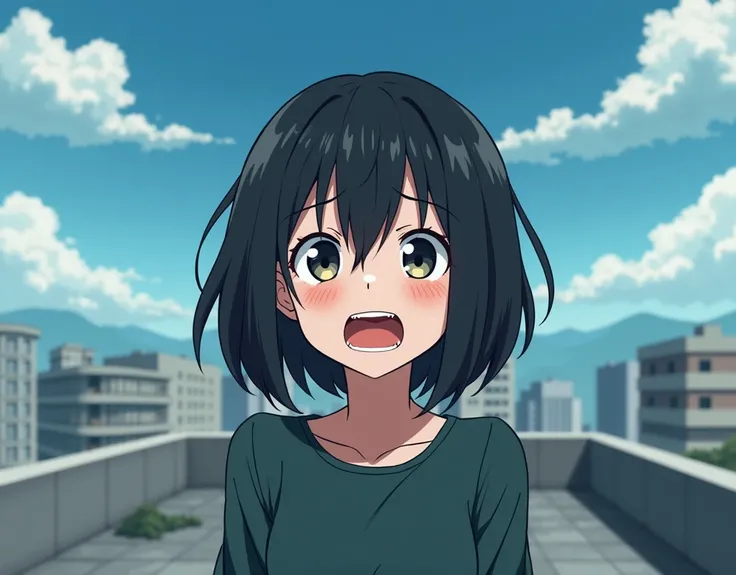 (( center part))　　I'm in distress on the roof of a building　Yelling loudly　 anime picture for TRPG　  1girl ,high school girl ,boyish ,20 years old actress,(noble beauty, classy and elegant:1.2),cute face,short hair,forehead ,black hair ((Forehead)),　((Alon...