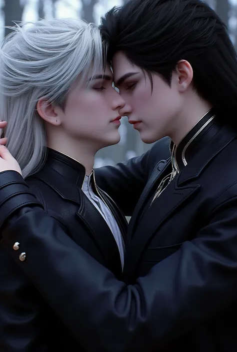 two males, 2 anime assassins, with long black hair freckled skin intimatelykissing, handsome, with long white hair, blue/grey eyes half way closed, facial expressions of happiness and love, intimatehug, Dark fantasy romantic semirealistic manga comic style...