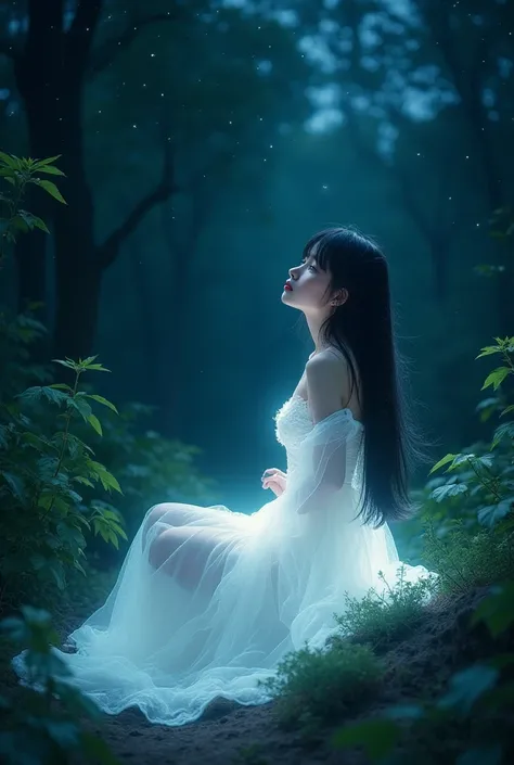 A woman with black hair, bangs, and white dress that's glowing in the night of the forest while looking up at the clear view of the night sky while sitting down in side view position