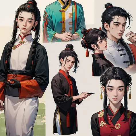 (((I drew a man with an ancient Chinese hairstyle from 3 different angles))) 、Seen from 3 different angles          、     A character model sheet depicting the same man from 3 different angles is open、