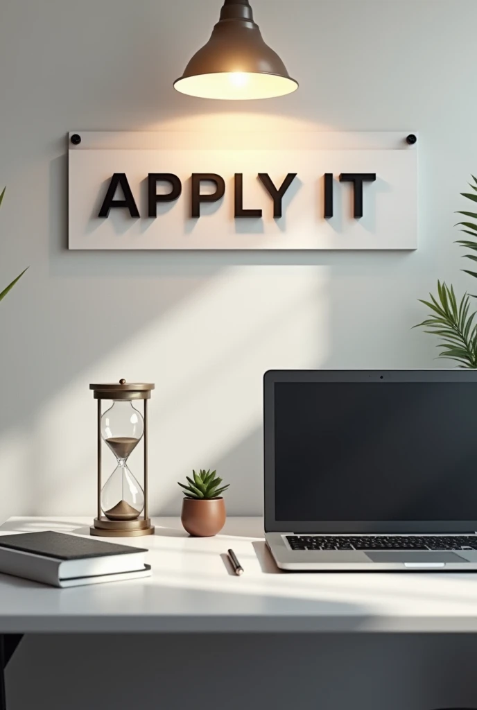  image for front end developer sets on desk with laptop and sand watch on desk near him and ApplyIt word written on sign on the wall