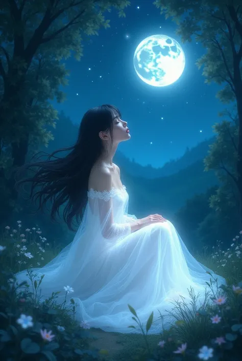 A woman with black hair, bangs, and white dress that's glowing in the night of the forest while looking up at the clear view of the moonlight sky while sitting down in side view position