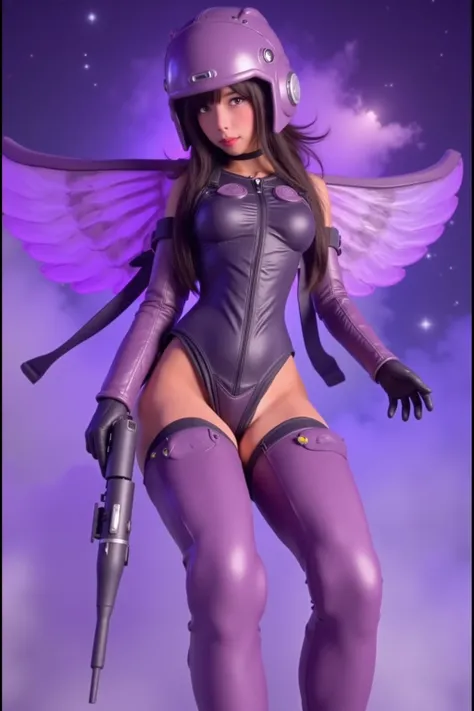 A gorgeous cyborg (cute, bubble helmet, violet sexy armor, violet eyes, rocket boots, rocket backpack and wings, big sci fi gun) striking a heroic pose as she flies through space stopping alien invaders
