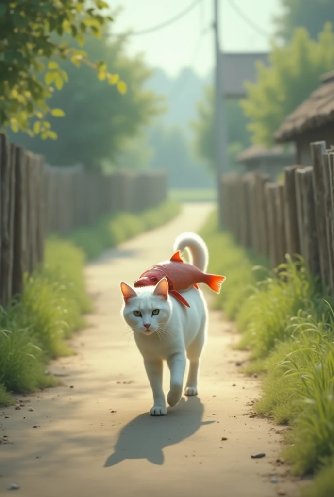 Then, the beautiful white cat started walking down the road, carrying the fish on its back.