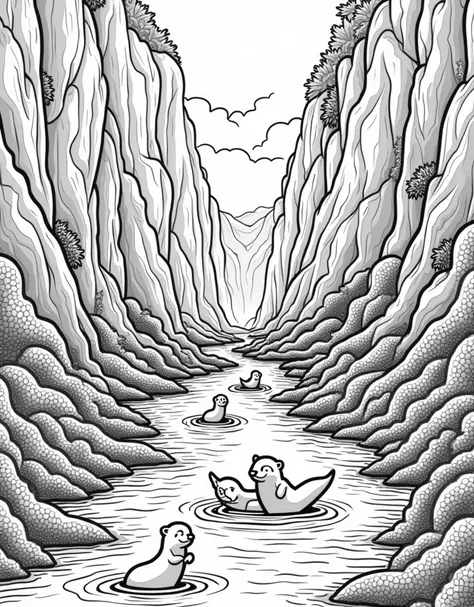 A forested canyon with a narrow river cutting through it, tall cliffs covered with moss and ferns, and a family of otters playing in the water. LINE ART, coloring page, no shades, big and bold, no empty space, full page design with details, no empty white ...