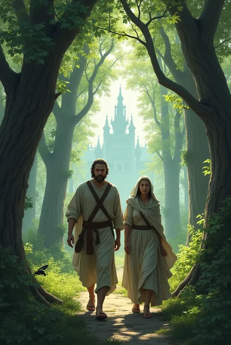 An ancient, serene forest with towering trees and soft sunlight filtering through the leaves. In the foreground, a king and queen, dressed in simple, humble clothing to blend in with the common people, are walking swiftly through the underbrush. The king w...