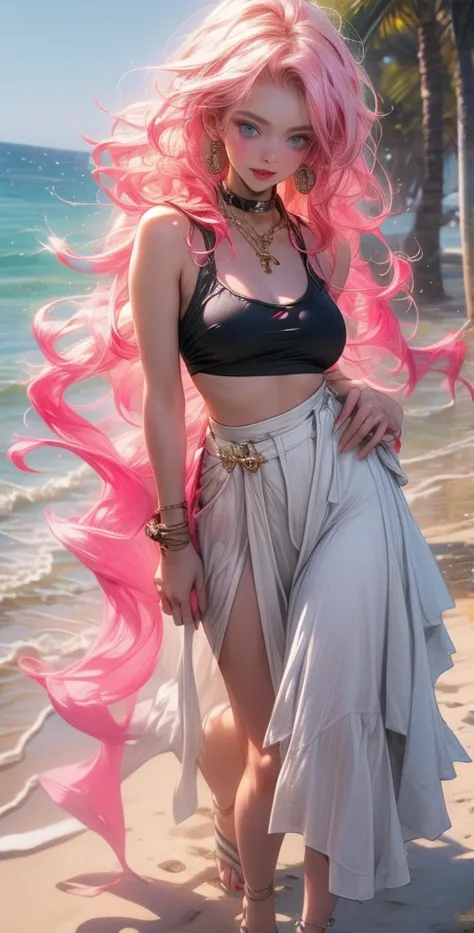  high resolution,  High detail,  High quality,  Main detail, full length ,full frame, full-length girl, long hair,  pink hair,  Natural curls ,  Natural curls , Breasts, earrings,  Blue eyes, makeup, scarlet lips, Pink bikini swimsuit,Walk on the beach