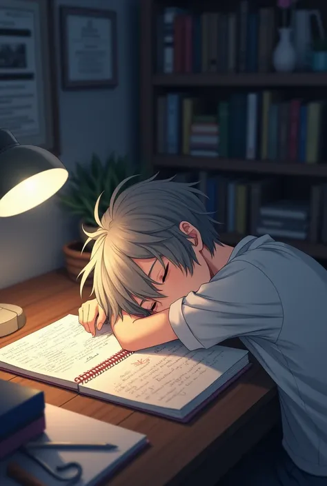 create a photo of an anime male sleeping on a notebook table 