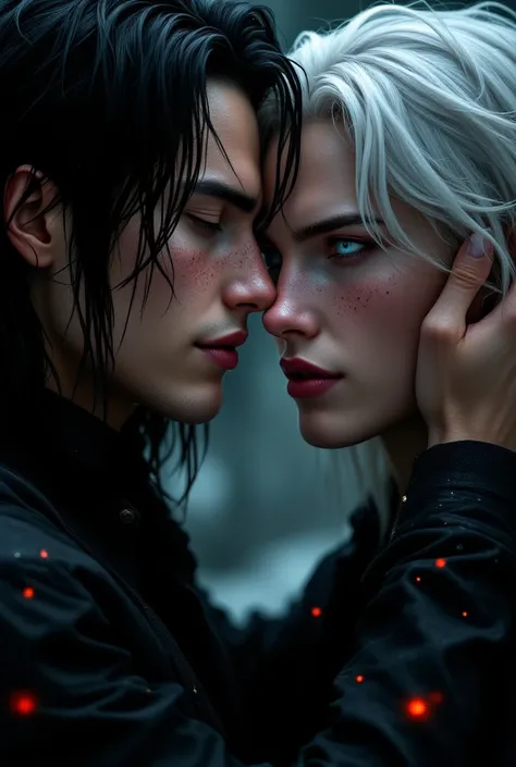 two males, 2 anime assassins, with long black hair freckled skin intimatelykissing, handsome, with long white hair, blue/grey eyes half way closed, facial expressions of happiness and love, intimatehug, Dark fantasy romantic semirealistic manga comic style...