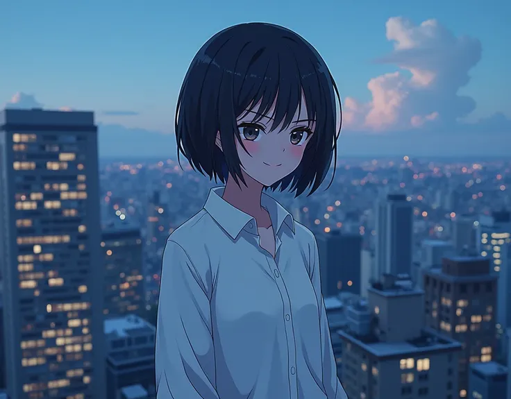 (( center part)),Saying scary things on the roof of a building　joke　 anime picture for TRPG　  1girl ,high school girl ,boyish ,20 years old actress,(noble beauty, classy and elegant:1.2),cute face,short hair,forehead ,black hair ((Forehead)),　((Alone))、 hi...