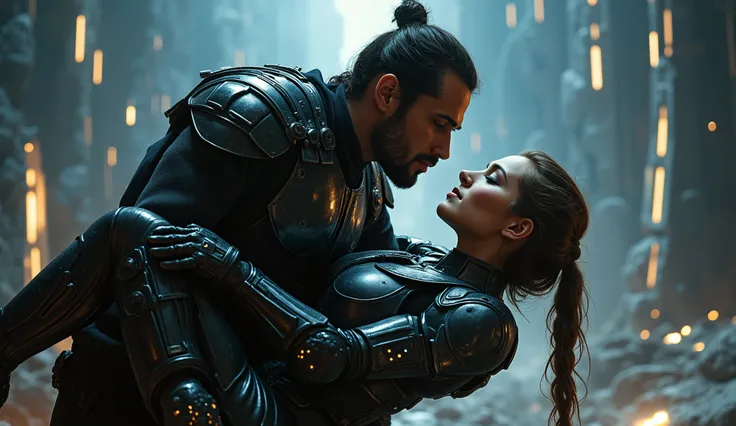 A beautiful woman in armor suit falls in the hands of the human man , epic starwar dark background, nbeautiful woman, handsome man, hyper realistic image, Sci-fi fantasy art