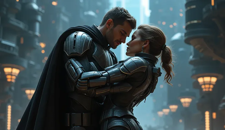 A beautiful woman in armor suit falls in the hands of the human man , epic starwar dark background, nbeautiful woman, handsome man, hyper realistic image, Sci-fi fantasy art