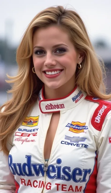 Brittany Murphy, big wide smile,long blonde hair, Sexy Female racing driver, stormy blue eyes flecked with gold, lustrous blonde hair with dark undertones,big gold hoop earrings, "BUDWEISER RACING TEAM"white racing suit with red trim and small blue accents...