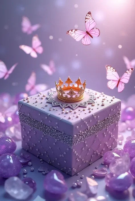 the center of a soft purple background filled with delicate butterflies. The box should be square-shaped, adorned with pearls and intricate silver accents. The lid of the box features a gold crown centerpiece surrounded by shimmering decorative elements. I...