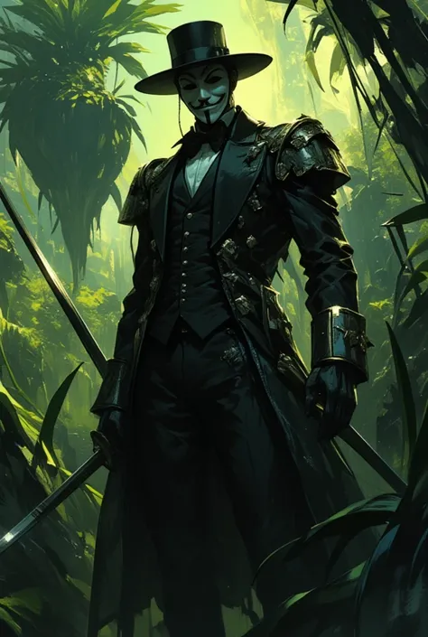 An evil gentleman wearing a Guy Fawkes mask. He wears a black tailcoat,hold a rapier. shoulder pad. In the background is a giant plant. In the jungle.