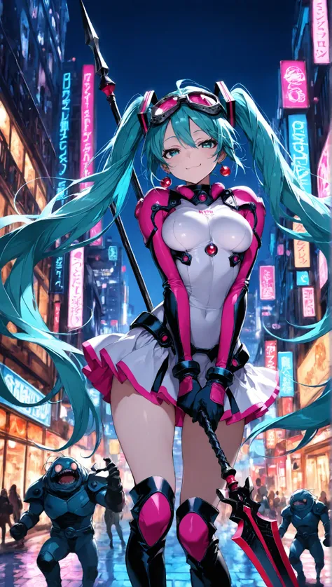 monster8号, 1 girl in the best, Hatsune Miku,  night city, masterpiece,  best quality,   detailed background ,  complicated details, miniskirt,blue battle suit, Long Boots ,Medium-sized beautiful breasts, big goggles on the head, beautiful big earrings,smug...