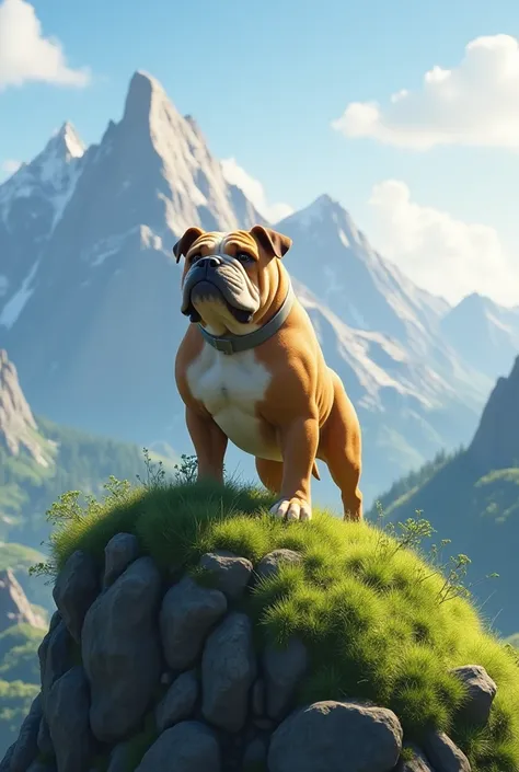 Image generation of a bulldog on a small hill with a view of the mountains