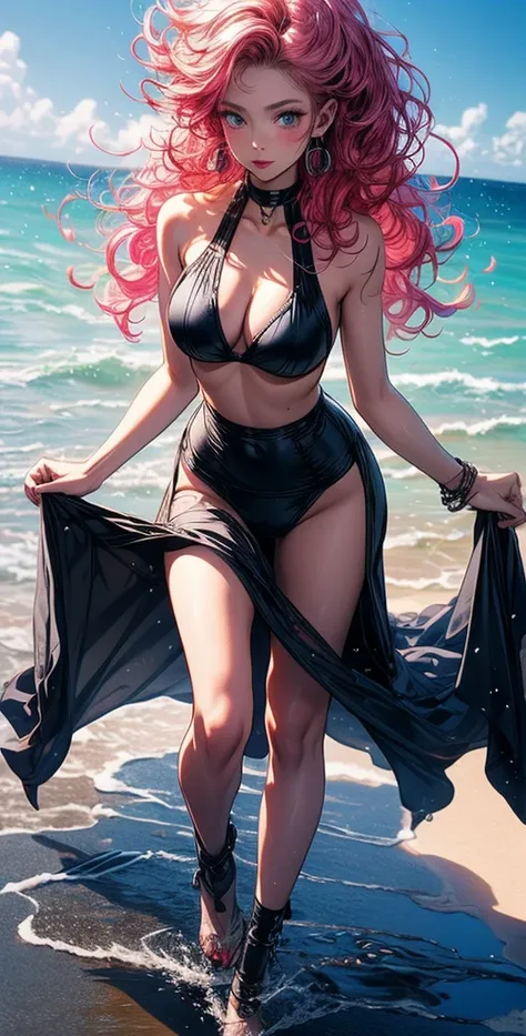  high resolution,  High detail,  High quality,  Main detail, full length ,full frame, full-length girl, long hair,  pink hair,  Natural curls ,  Natural curls , Breasts, earrings,  Blue eyes, makeup, scarlet lips, Pink bikini swimsuit,Walk on the beach