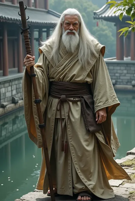 Create a male character in anime style, platinum hair, in the Buddhist monastic style, but the old dress,  uses a stick as a weapon, strong temperament ,  moat as the dominant, There is a Buddha aura around you., 20 years old, there are red dots on the coa...