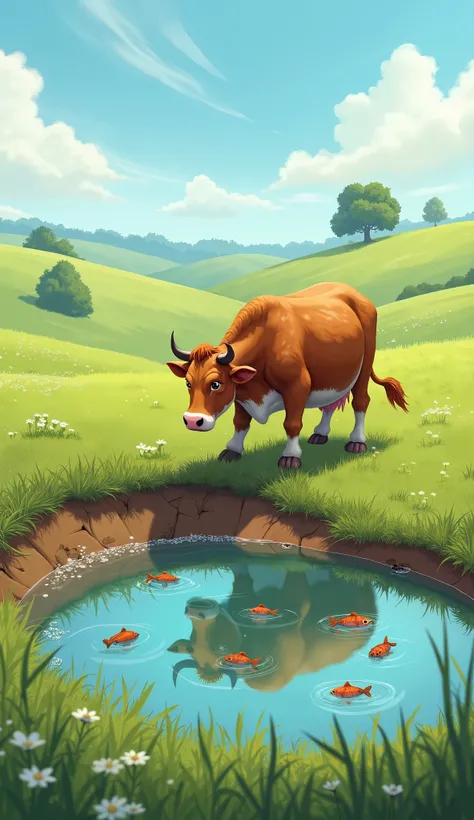 A  cow digging in a peaceful grassy area, creating a pond and releasing small fish into it.
