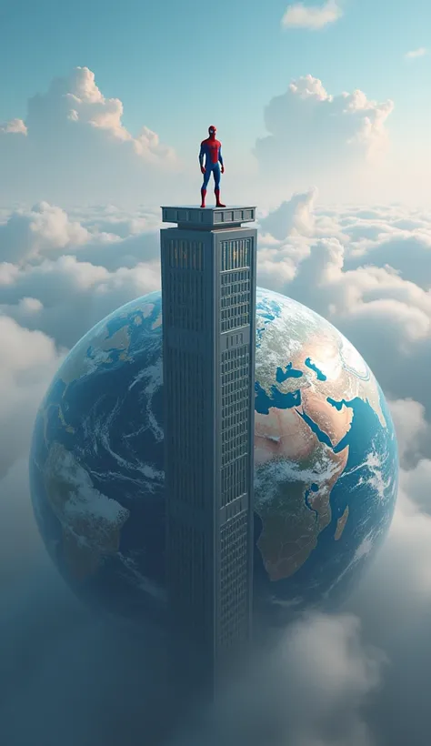 A round earth with only one 20-story building on it. Spiderman is standing on top of this building. 