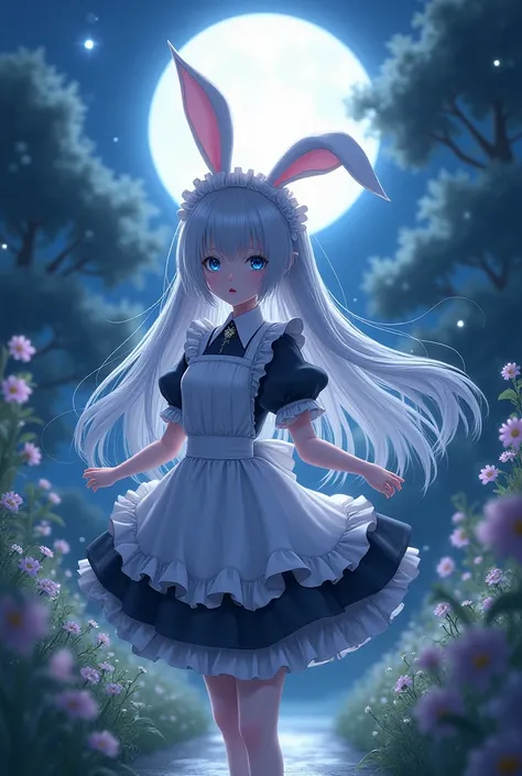 Beautiful Girl with Rabbit Ears, Silver Hair, Long Blue Eyes, Night of the Full Moon Anime Walking Walking Outside as a Coloring Maid