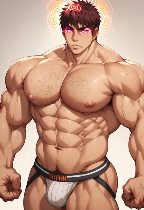 Taiga Kagami, shirtless, double biceps pose, muscular, muscles, broad shoulders, massive pecs, hairy chest, sweaty, glowing spiral in the eyes, blank expression, vacant stare, hypnotized, brainwashed, focused, High Resolution, jockstrap