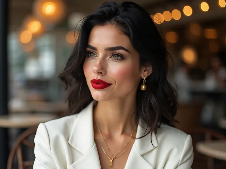 (( best quality )), (( masterpiece )), (detailed), ( realistic ), gold ,modern und luxurious, weiss , gold,   beautiful woman,  black, gold, weiss, red full lips,  blacke  wellige haare , very modern, gold jewelry, sexy,  very aesthetic , in paris,  sittin...