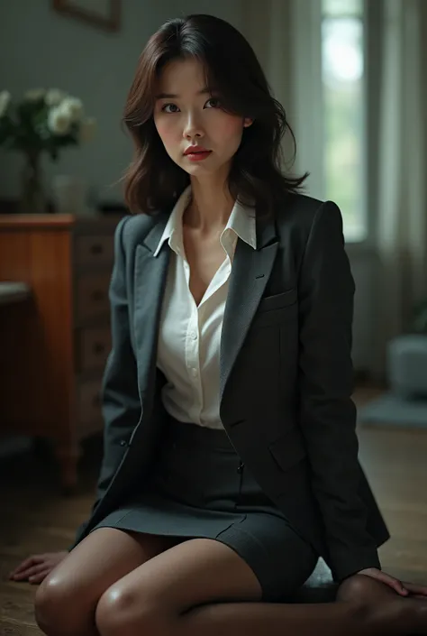 masterpiece, 8k, Photorealistic, (beautiful eroticism:1.9), beautiful Japanese mature woman, (40 years old:1.7), beautiful office worker, detailed face, light makeup, dark gray business suits, white blouse, pencil skirt, pantyhose, sitting on the floor, (s...