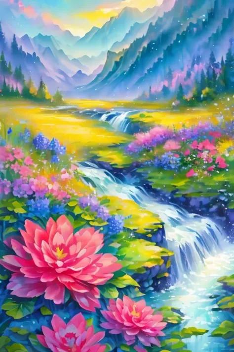 A vibrant and dreamy natural landscape: Background and Nature: Majestic mountains rise in the background, with jagged peaks and bright, fluffy clouds. Waterfall and Stream: A spectacular waterfall sits in the center, tumbling down from the mountain. From i...