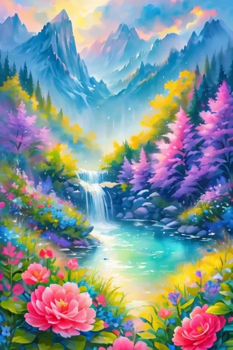 A vibrant and dreamy natural landscape: Background and Nature: Majestic mountains rise in the background, with jagged peaks and bright, fluffy clouds. Waterfall and Stream: A spectacular waterfall sits in the center, tumbling down from the mountain. From i...