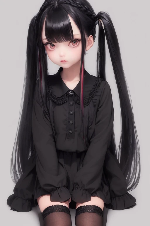 ( best quality,8k, high resolution,masterpiece:1.3), high resolution、 one girl 、 Fine fingers 、(( BLACK HAIR COLOR ))、Braid Twin Tails ,Bang、 Lolita Fashion 、 super detailed face 、 super detailed eyes、 full body、 Knee High Socks、 black pumps、 expressionles...