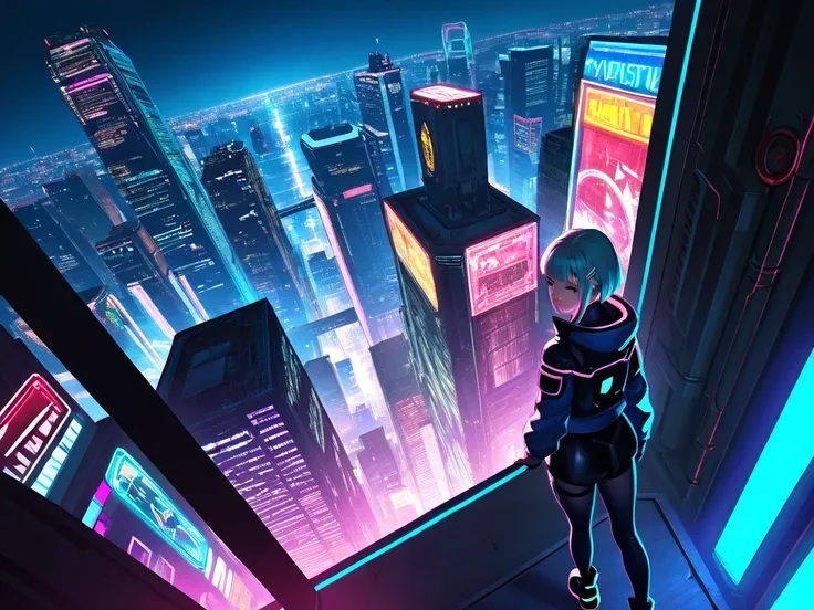 1 girl in a Cyberpunk world, futuristic, neon-lit, urban, mysterious, adventurous, mirrorless, wide-angle, night, cityscape, digital, high, dramatic lighting