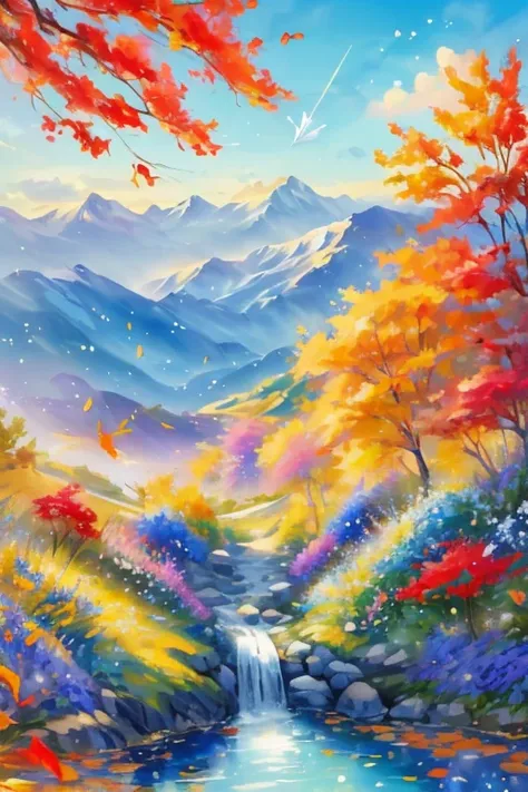 Score 9, Score 8 Up, Score 7 Up, (Best Quality), ((Masterpiece)), Anime, Garden, Blue Sky, Majestic Mountains, Stream, Autumn Leaves, Photorealism, I am in a flower field. There is a blue sky in the background. A phoenix is ​​flying and light particles are...