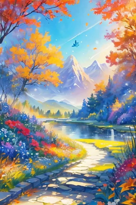 Score 9, Score 8 Up, Score 7 Up, (Best Quality), ((Masterpiece)), Anime, Garden, Blue Sky, Majestic Mountains, Stream, Autumn Leaves, Photorealism, I am in a flower field. There is a blue sky in the background. A phoenix is ​​flying and light particles are...