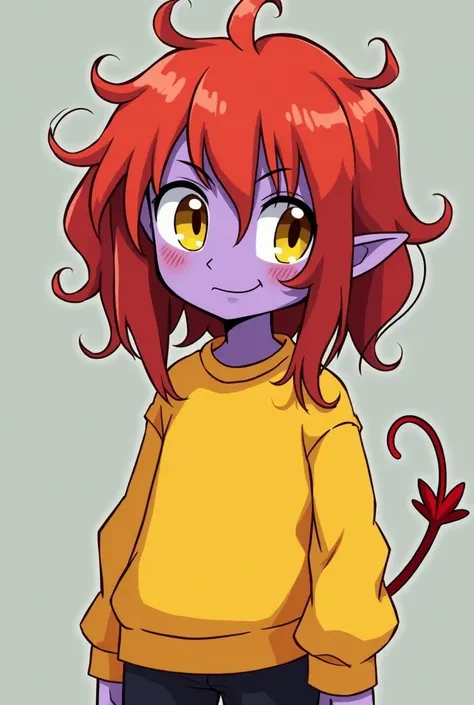 Generate a photo of a girl with red, messy hair reaching down to her shoulders. He has yellow eyes with thin pupils. Her skin is purple. The girl has antennae and a thin tail resembling a sharp thread. He wears a yellow sweatshirt and black pants.