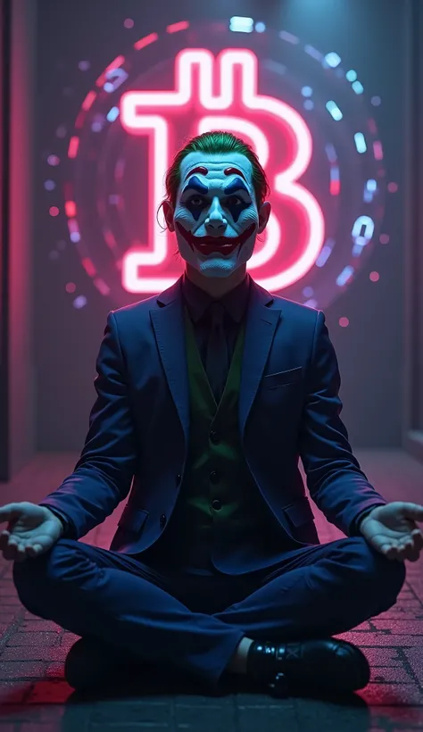 Man wearing full face mask joker, doing meditation, In Background Bitcoin Glowing Neon Effect , in background binary digits also there 