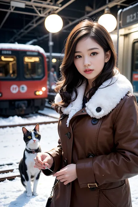 1 Female、Early 20s、(Stubborn Super Beauty )、( very beautiful face )、( detailed face)、 cat with 、Wavy brown hair、 Christmas Snowy Night 、 stands on the platform of a big city train station、A stopped train is in the background、 shallow depth of field 