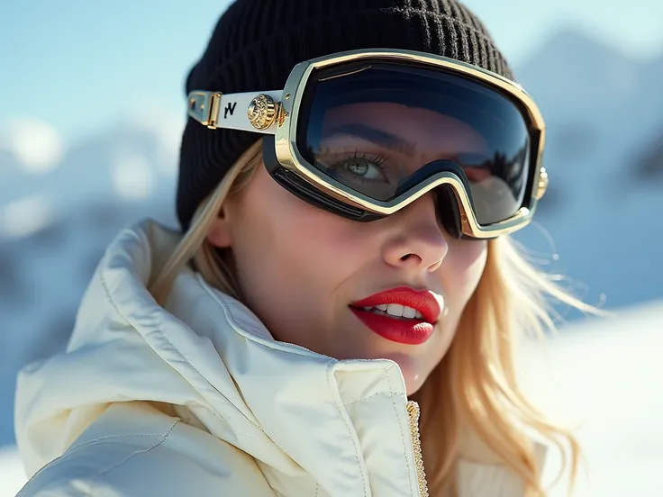 (( best quality )), (( masterpiece )), (detailed), ( realistic ), gold ,modern und luxurious, weiss , gold,   beautiful woman,  black, gold, weiss, red full lips,  blacke  wellige haare , very modern, gold jewelry, sexy,  very aesthetic , In luxury ski are...