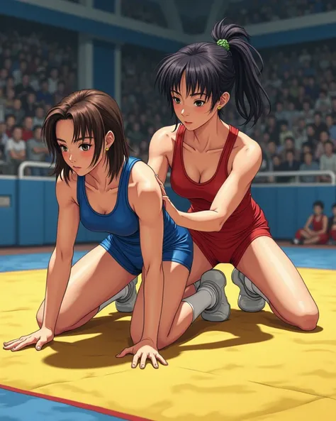 ultra detail, anime style. Match from the nineties . a female in a blue freestyle wrestling singlet is on all fours in the center of the mat, and a female in a red freestyle wrestling singlet is holding it from behind