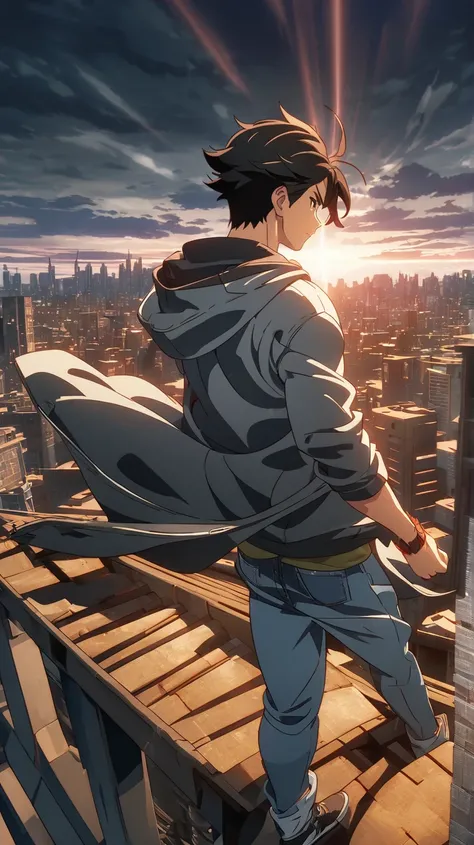 ((Masterpiece)), ((Top Quality)), 
Anime-style illustration, back view of a determined 20-year-old man standing on a rooftop in the middle of a bustling city, raising his right fist powerfully toward the sky, seen from behind, short messy black hair, in ca...