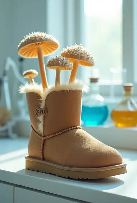 UGG shoe sprouting subtle UGG style mushrooms in a lab