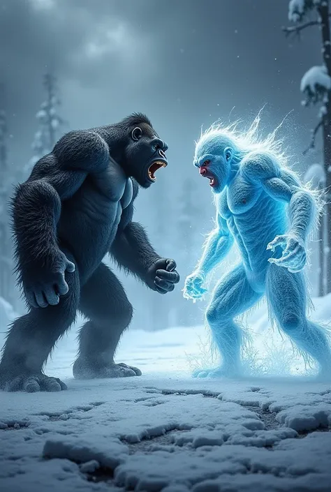 Prompt 1:
"Create a dramatic and intense image of an angry gorilla and an enraged ice man facing off in a fierce standoff. The gorilla, with its massive, muscular body, clenched fists, and a roaring expression, stands upright, ready to charge. The ice man,...