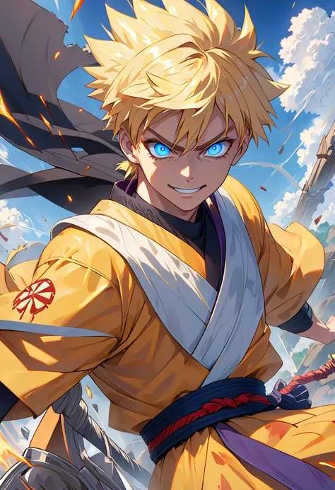 smile, Blood_Skeletor, bright eyes,  one boy, Uzumaki Naruto,   blonde hair,   yellow clothes , fight, fight, battle damage, Alone,  torn clothes , Straight gaze,  very detailed, Anime,  high resolution, masterpiece, drawing, 8k,  Professional,  Accurate s...