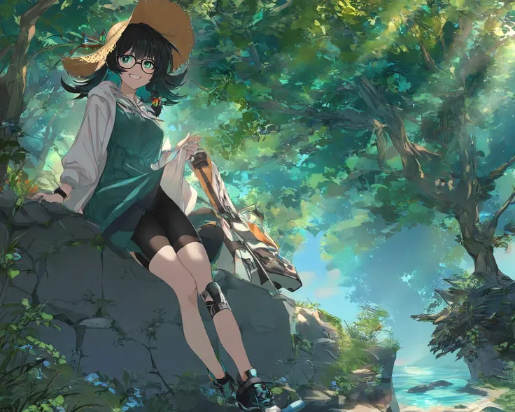 (masterpiece,very awa:1.2),perfect anatomy,1girl,(solo),25yo,slender,tall,medium hair,black hair,natural wave hair,flipped hair with gradient aqua green color,dark green eyes,comfortable,smirk,glasses,(straw hat with leaf color ribbon:1.2),carrying a aqua ...