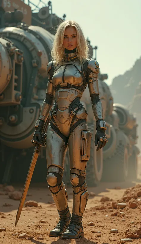 slender and beautiful blonde female astronaut in a high-tech cyberpunk costume, holding a sword in her hand,  maintaining a bulky spaceship ,  that was used as a living space on a rarefied planet and lifeless atmosphere. maintenance,  old and dirty industr...