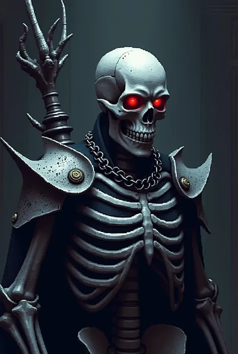 a close up of a pixel art of a skeleton in a dark room, a raytraced image inspired by The Mazeking, reddit, pixel art, bone armor, white scary skin, skeleton - like creature, titanium skeleton, skeleton-like creature, scaled skin, bone scepter, chained ske...