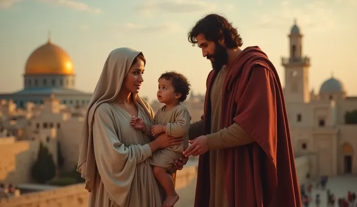 Create an ultra-realistic image of the Virgin Mary, Joseph and the baby Jesus at twelve years old, both in front of the Temple of Jerusalem, blur the background; use a Sony Alpha 7 camera with a Sony FE 70-200mm f/2.8 GMOSS lens