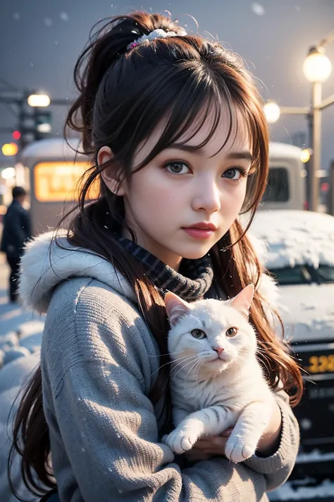 1 Female、Early 20s、(Stubborn Super Beauty )、( very beautiful face )、( detailed face)、 cat with 、Wavy brown hair、(Snowy Night:1.5)、 stands on the platform of a big city train station、A stopped train is in the background、 shallow depth of field 、My hair is s...